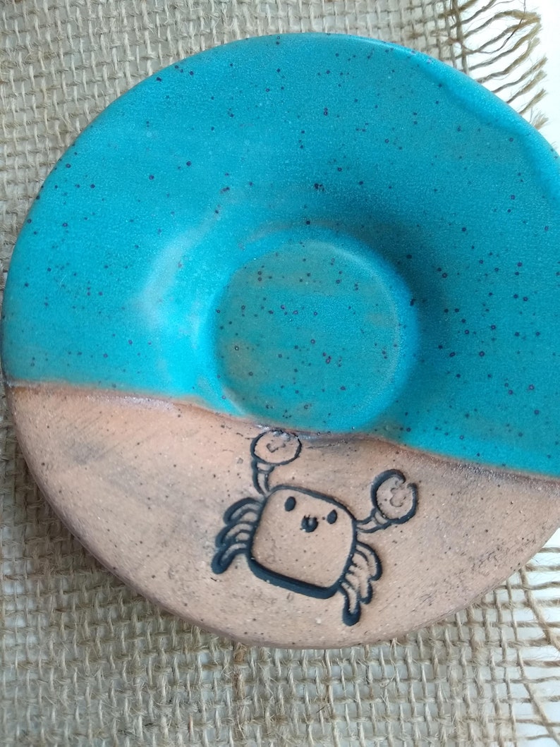 CRAB/TURQUOISE BLUE Speckled stoneware small plate, ceramic trinket dish, multipurpose dish, soap dish, spoon rest, side dish, crab plate image 2