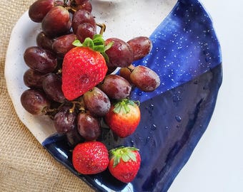 CERAMIC HEART PLATTER, large heart serving dish, heart plate, charcuterie dish, blue and white ceramic plate, speckled ceramic serving tray