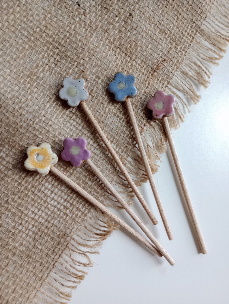 5pc TINY MULTICOLOR FLOWER stake set, garden decor, plant stake, plant markers, mini ceramic flowers, cake toppers, boho gift, tiny bouquet image 7