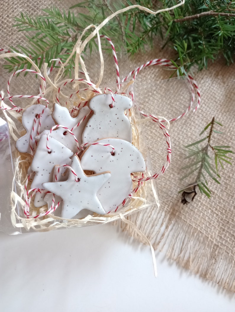 7PC SPECKLED ORNAMENTS, stoneware ornaments, ceramic Christmas ornaments, tree, star, mitten, house, gingerbread man, snowflake, mushroom image 4