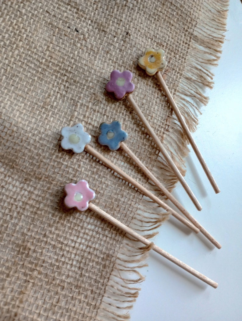 5pc TINY MULTICOLOR FLOWER stake set, garden decor, plant stake, plant markers, mini ceramic flowers, cake toppers, boho gift, tiny bouquet image 8
