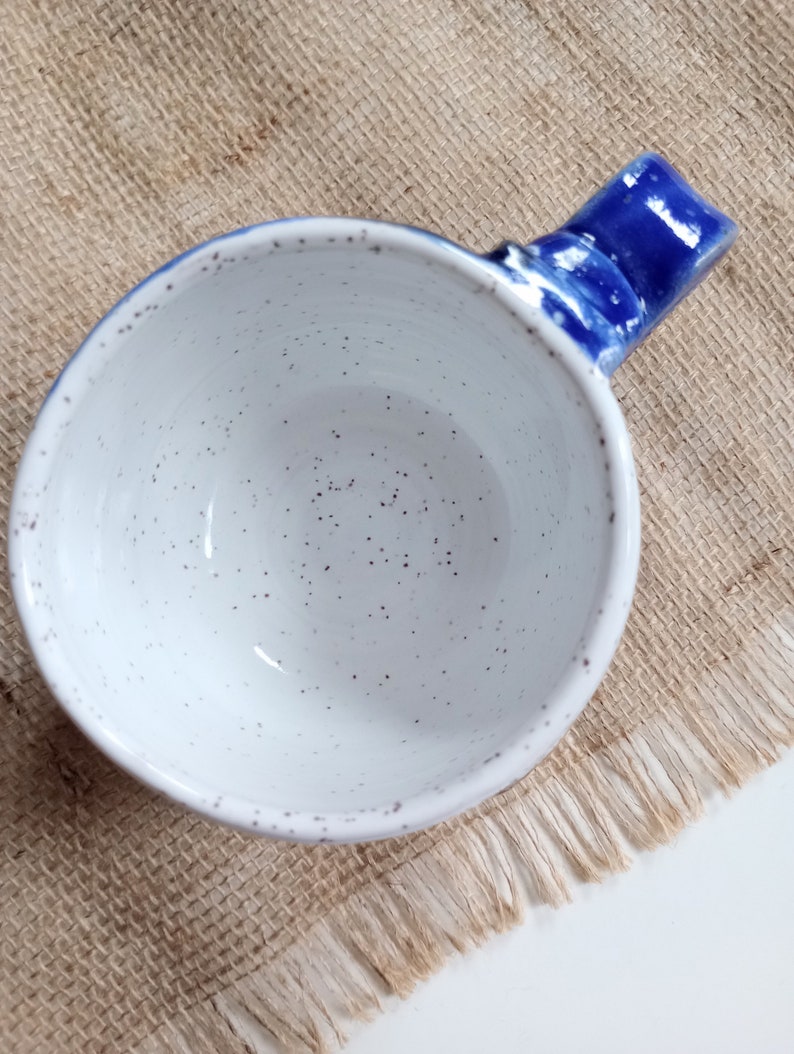 SPECKLED SNOWFLAKE MUG, white and blue mug, coffee mug, hot cocoa cup, winter cup, stoneware mug, speckled pottery, Grecian/cobalt blue, mug image 5