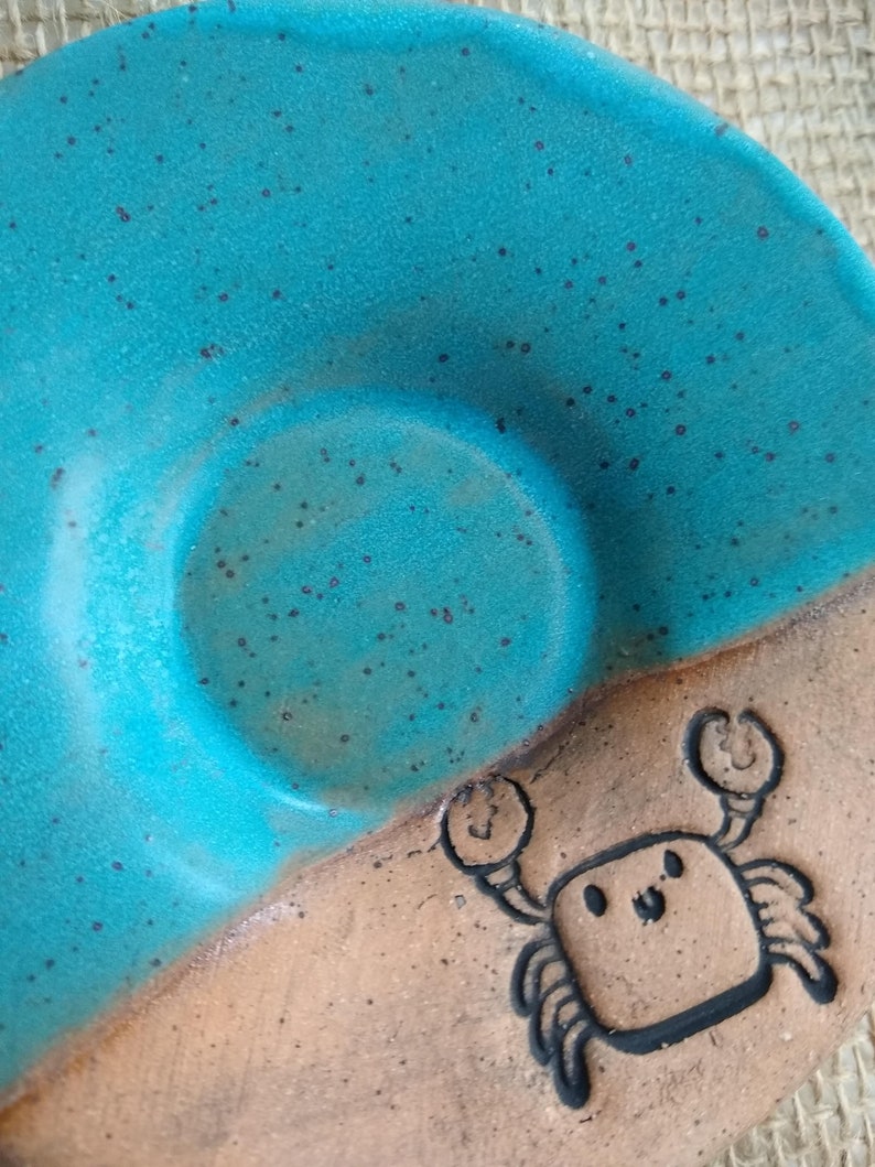 CRAB/TURQUOISE BLUE Speckled stoneware small plate, ceramic trinket dish, multipurpose dish, soap dish, spoon rest, side dish, crab plate image 3