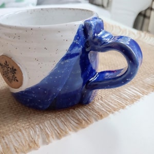 SPECKLED SNOWFLAKE MUG, white and blue mug, coffee mug, hot cocoa cup, winter cup, stoneware mug, speckled pottery, Grecian/cobalt blue, mug image 8