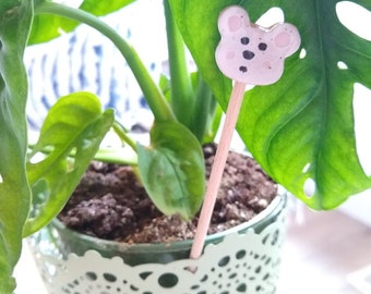 TINY BEAR STAKE garden decor, plant stake, plant marker, cupcake topper, speckled stoneware garden art, gardener gift, ceramic bear marker
