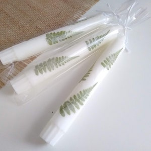 Op de afbeelding: Vier witte pilaar kaarsen, elk versierd met een groen varenblad ontwerp, zijn gebundeld in doorzichtig cellofaan. De cilindrische kaarsen zijn ongeveer 15 cm lang.