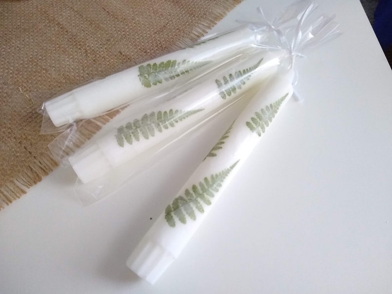 Op de afbeelding: Vier witte pilaar kaarsen, elk versierd met een groen varenblad ontwerp, zijn gebundeld in doorzichtig cellofaan. De cilindrische kaarsen zijn ongeveer 15 cm lang.