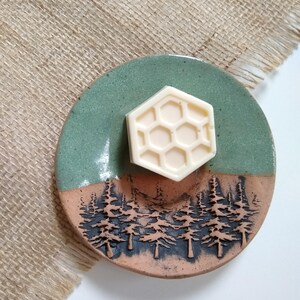 WOODS/MOSS GREEN Speckled stoneware small plate, ceramic trinket dish, multipurpose dish, soap dish, spoon rest, woodsy rustic tree plate image 3