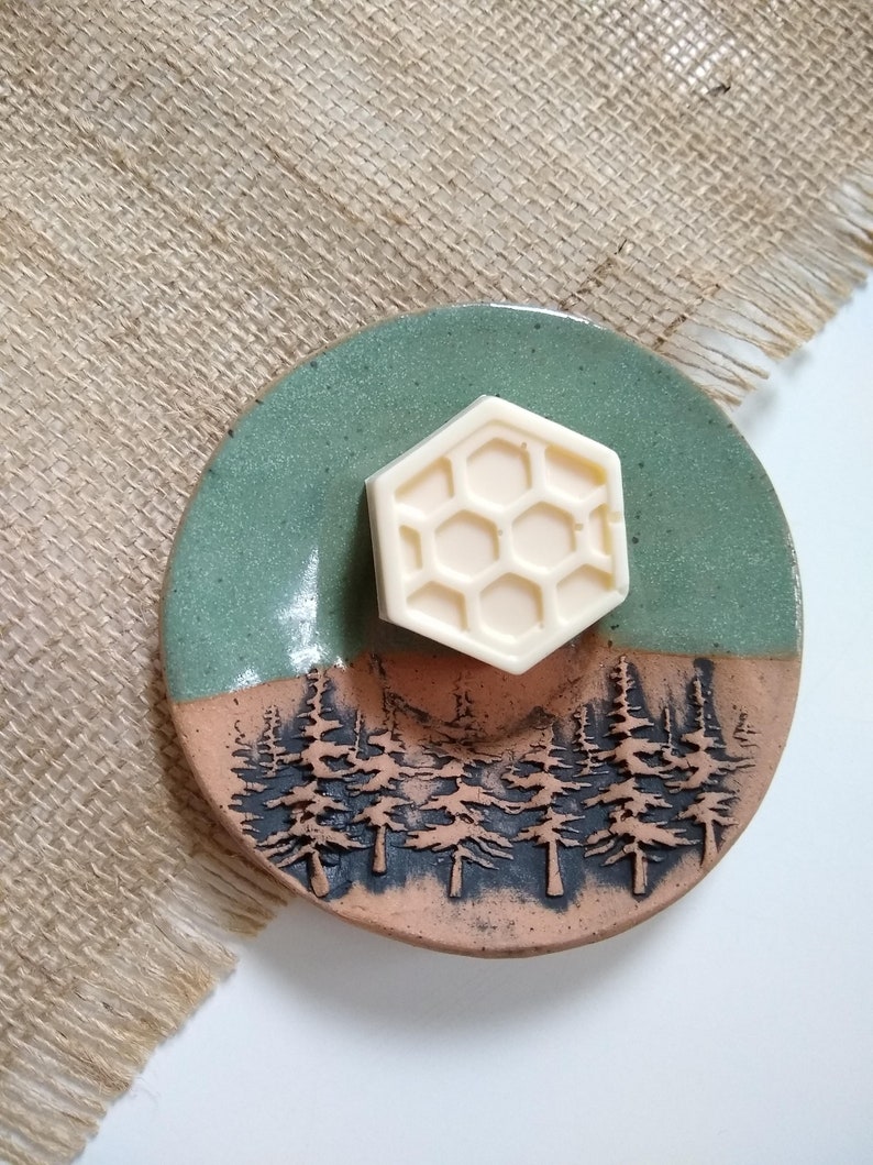 WOODS/MOSS GREEN Speckled stoneware small plate, ceramic trinket dish, multipurpose dish, soap dish, spoon rest, woodsy rustic tree plate image 3