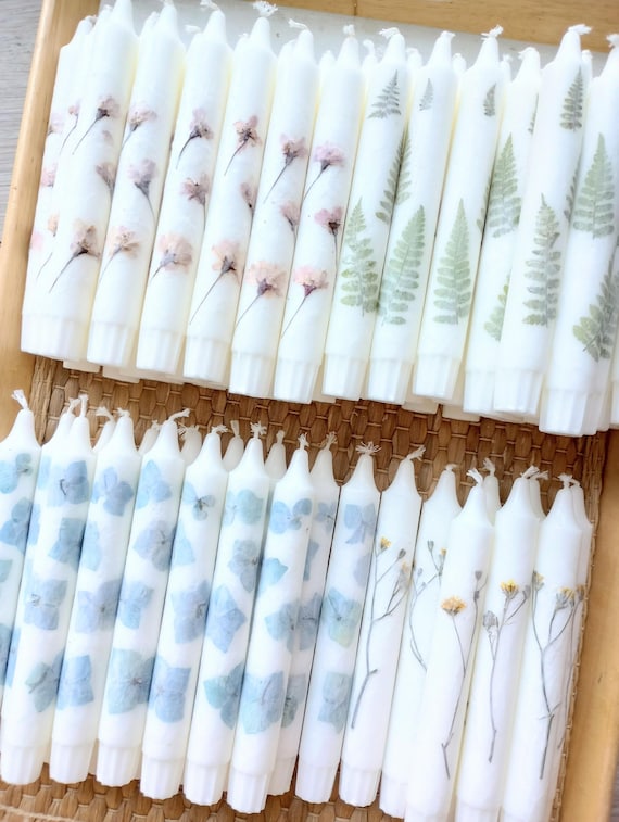 PRESSED WILDFLOWER CANDLE taper, handmade, real dried pressed flowers, ferns, one sided real floral candlestick, hygge, cottage core, boho