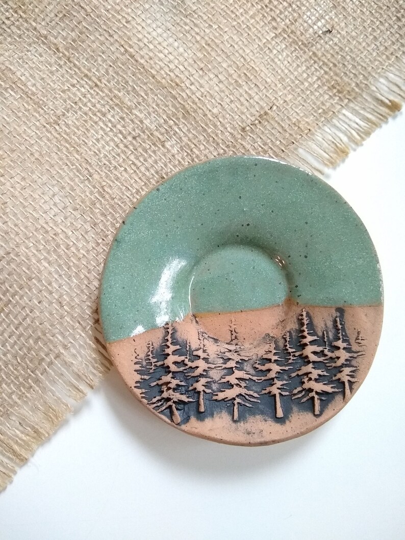 WOODS/MOSS GREEN Speckled stoneware small plate, ceramic trinket dish, multipurpose dish, soap dish, spoon rest, woodsy rustic tree plate image 4