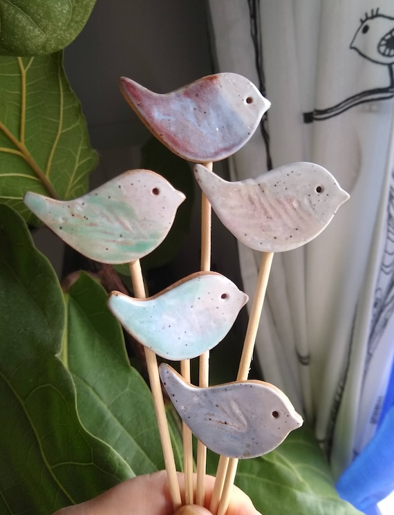 Speckled Stoneware Bird Plant Stake, Garden Decor
