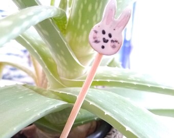 BUNNY PLANT STAKE, tiny ceramic rabbit, stoneware decor, garden decor, cake topper, basket filler