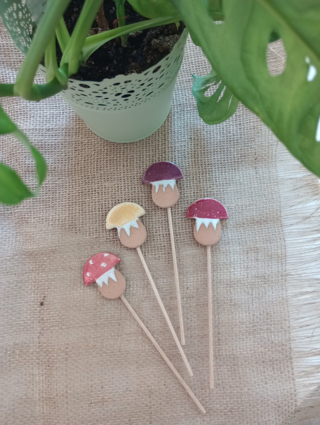 CERAMIC MUSHROOM STAKE, Ceramic Home Decor, Plant Stakes, Speckled