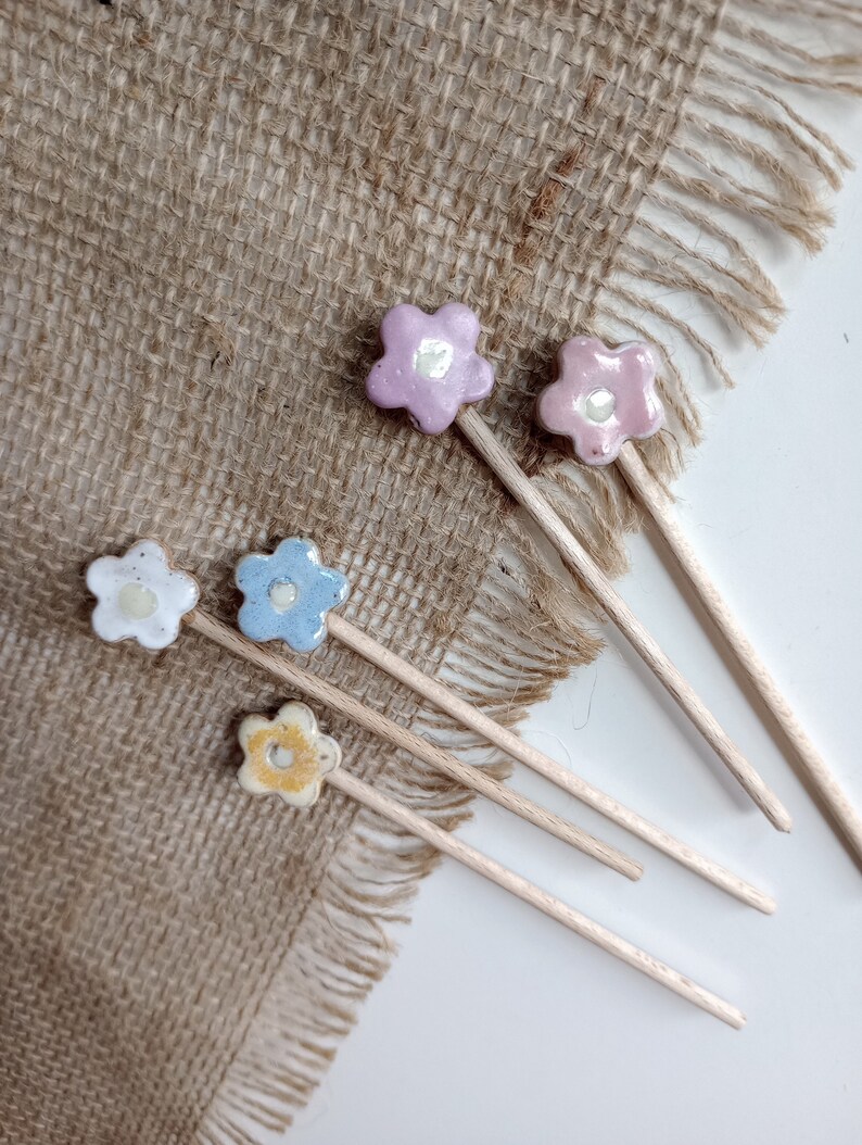 5pc TINY MULTICOLOR FLOWER stake set, garden decor, plant stake, plant markers, mini ceramic flowers, cake toppers, boho gift, tiny bouquet image 4