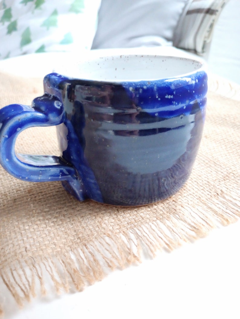 SPECKLED SNOWFLAKE MUG, white and blue mug, coffee mug, hot cocoa cup, winter cup, stoneware mug, speckled pottery, Grecian/cobalt blue, mug image 7