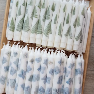 Op de afbeelding: Een houten dienblad bevat talrijke witte stompkaarsen. Sommige kaarsen hebben groene varenontwerpen, terwijl andere blauwe hortensia patronen tonen. De kaarsen zijn netjes gerangschikt en tonen een natuurlijk, botanisch thema.