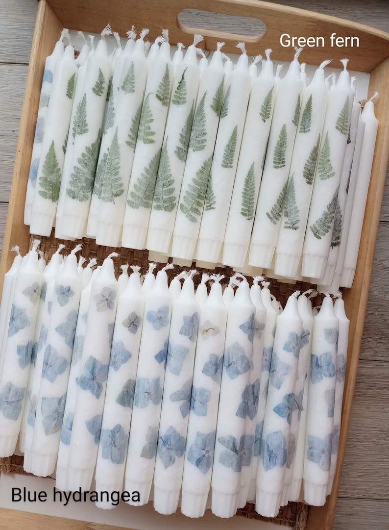 Op de afbeelding: Een houten dienblad bevat talrijke witte stompkaarsen. Sommige kaarsen hebben groene varenontwerpen, terwijl andere blauwe hortensia patronen tonen. De kaarsen zijn netjes gerangschikt en tonen een natuurlijk, botanisch thema.