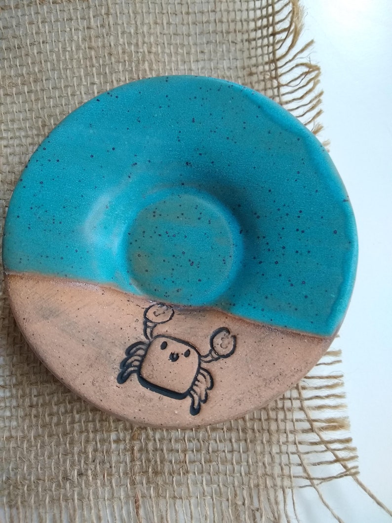 CRAB/TURQUOISE BLUE Speckled stoneware small plate, ceramic trinket dish, multipurpose dish, soap dish, spoon rest, side dish, crab plate image 5