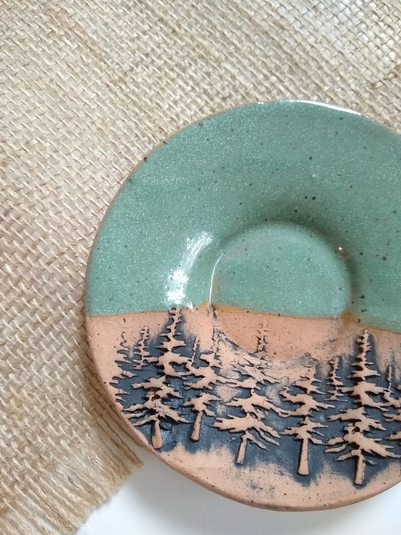 WOODS/MOSS GREEN Speckled stoneware small plate, ceramic trinket dish, multipurpose dish, soap dish, spoon rest, woodsy rustic tree plate image 2