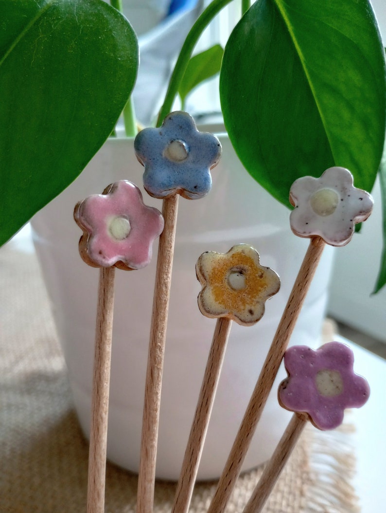 5pc TINY MULTICOLOR FLOWER stake set, garden decor, plant stake, plant markers, mini ceramic flowers, cake toppers, boho gift, tiny bouquet image 3