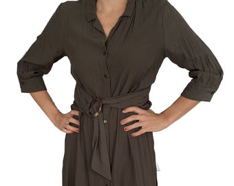 Vintage 80s grey-olive dress, inspiration female uniform military // Women dress medium green olive with open sides