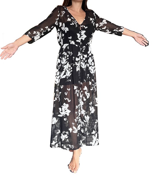 Black maxi dress with white flowers and 3/4 sleeve