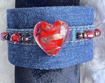 Denim cuff bracelet made from upcycled denim jeans - beads, red heart, handcrafted boho hippie