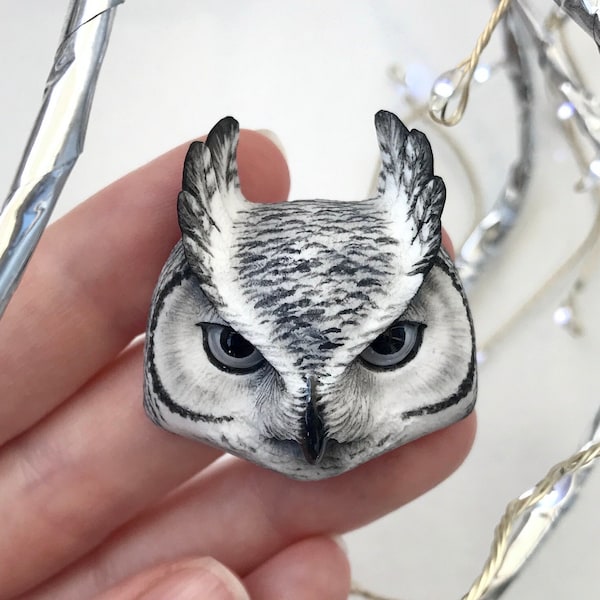 Gray Owl Cabochon with Black Eyes Necklace Animal Flatback Cabs for Beading Clay Jewelry Component Totem
