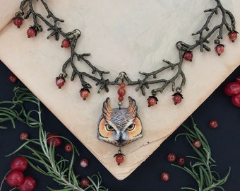 Owl Necklace with Carnelian and Forest Twig, Bird Jewelry Owl Pendant, Animal Totem Gothic Magical Earthy Branch Necklace Woodland Jewelry