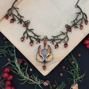 Owl Necklace with Carnelian and Forest Twig, Bird Jewelry Owl Pendant, Animal Totem Gothic Magical Earthy Branch Necklace Woodland Jewelry