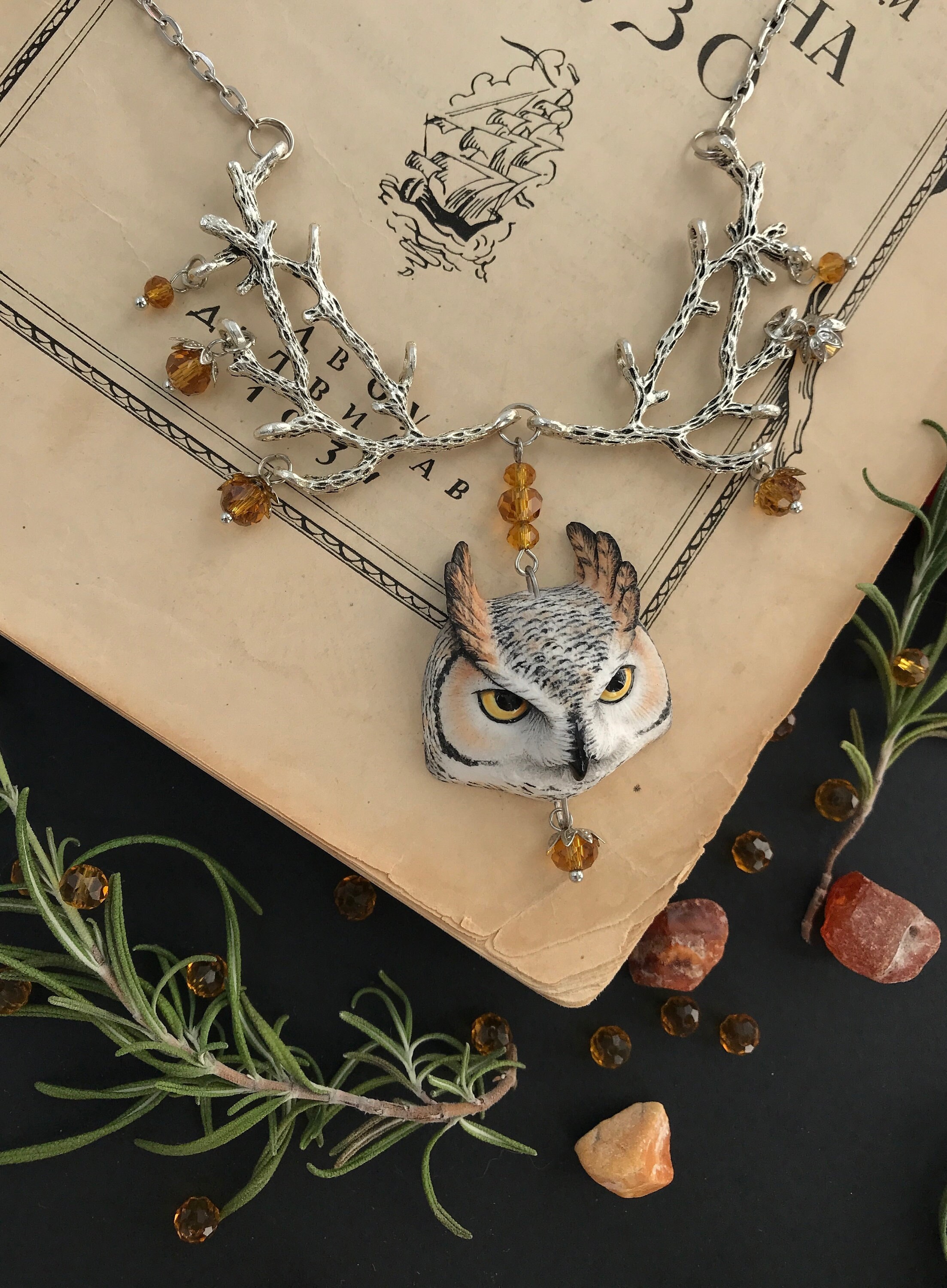 Forest Twig Owl Necklace with Glass Berries