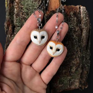 May include: Two silver chain necklaces with owl pendant charms. The owls are made of white porcelain with brown and orange accents. One owl has black eyes and the other has brown eyes.