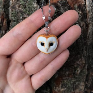 May include: A silver chain necklace with a brown and white owl pendant. The owl has black eyes and a detailed face.