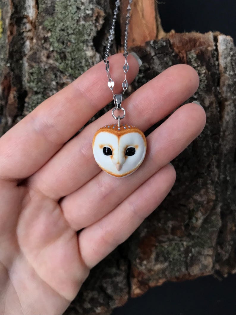 May include: A silver chain necklace with a brown and white owl pendant. The owl has black eyes and a detailed face.