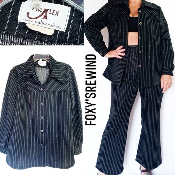 1970s silver stripe black polyester leisure suit women's flare high waist Blazer pants big collar metallic large