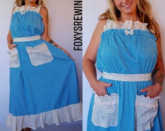 cottage Blue prairie dress pockets elastic waist bow maxi cotton floral Rick rack sleeveless hippie plus size one size handmade