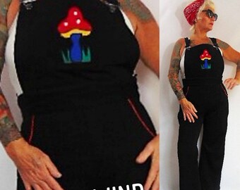 1970s black overalls mushrooms dungarees suspender pants applique polyester plus size extra large handmade homemade