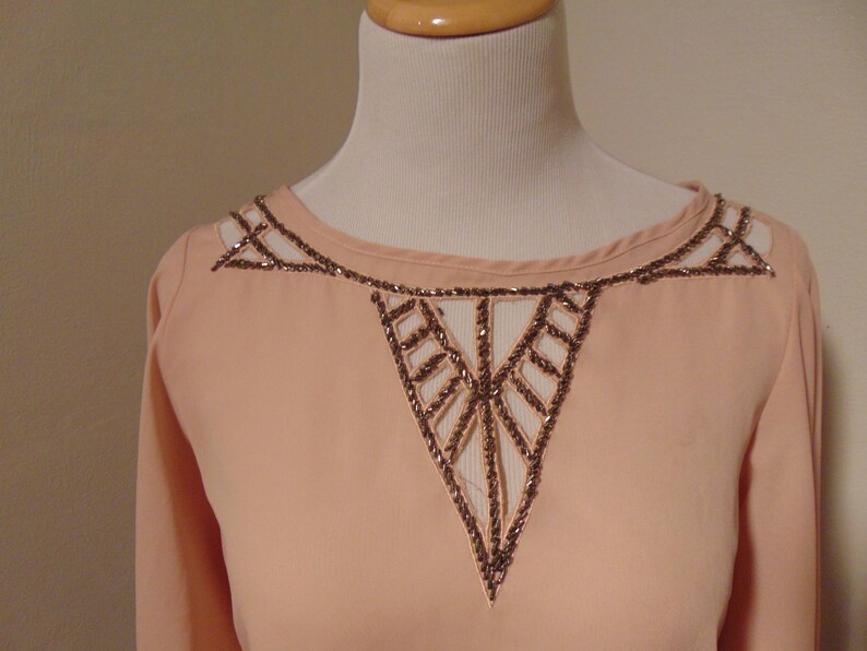 Vintage pink top blouse rhinestone shirt pink Chiffon hipster mod boho