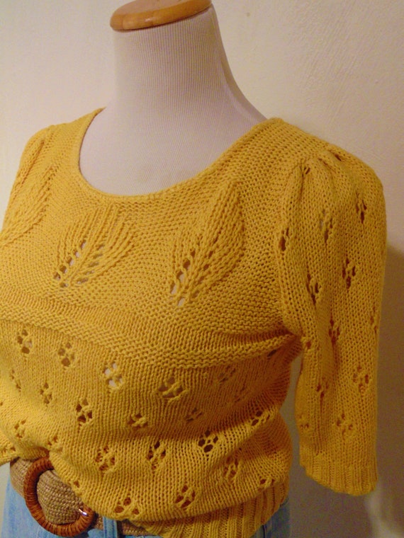 Vintage silk yellow sweater puffy sleeves pullove… - image 5