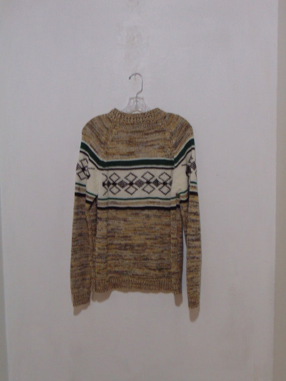 vintage 1970s ski sweater pullover tan green knit… - image 3