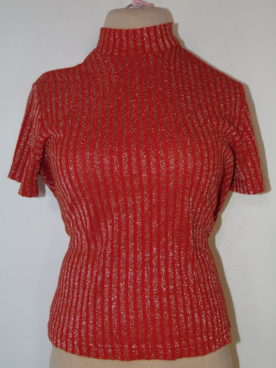 Christmas Vintage red gold stripe sweater mock ne… - image 2