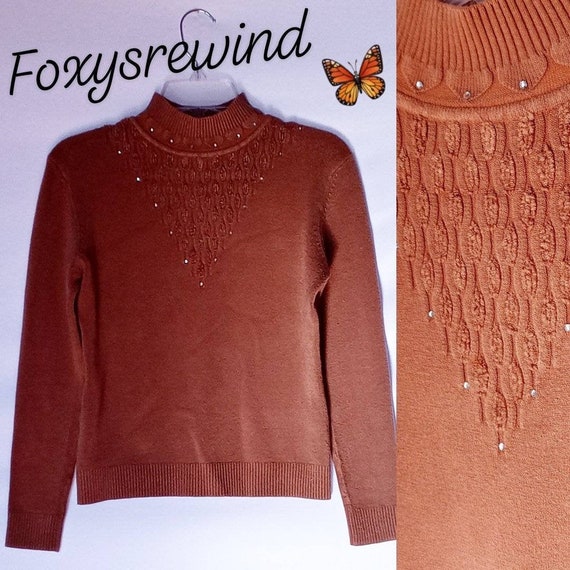 Vintage tan rhinestone sweater turtleneck beige k… - image 1
