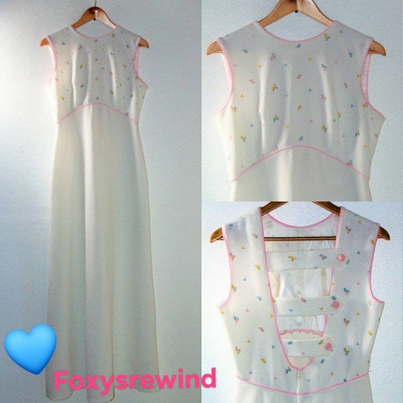 Vintage 1960s 70s pink white dress floral long Max