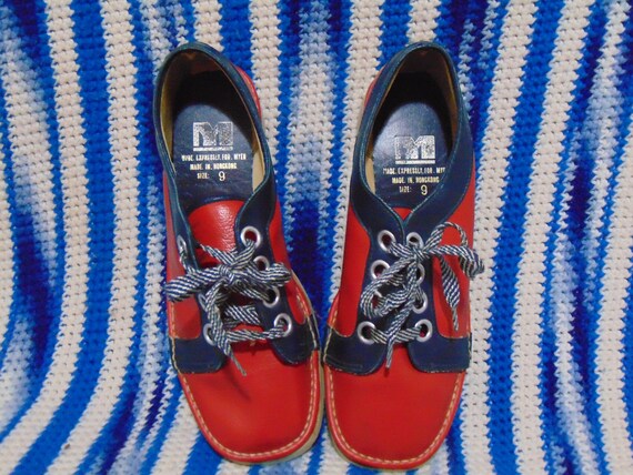 vintage 1970s shoes red and blue oxfords tie shoes
