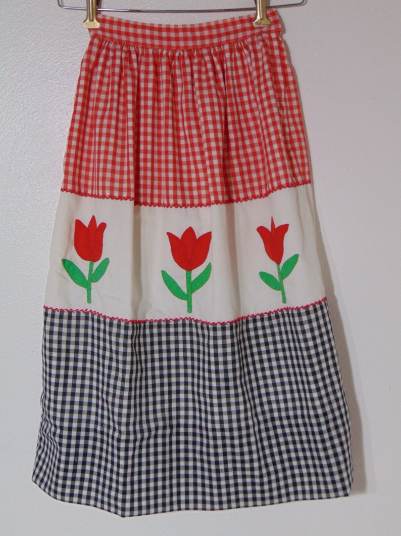 Vintage 1960s 70s tulip red skirt white flower handmade Rick rack gingham check dress applique mod