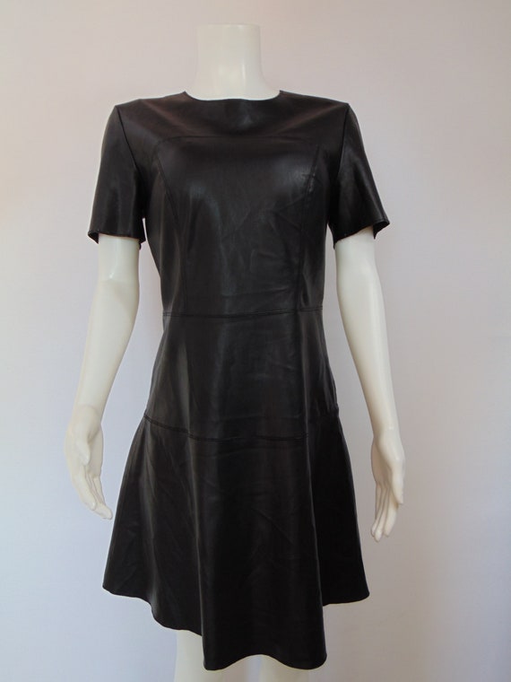 Y2K Vintage faux leather black dress short sleeve… - image 6