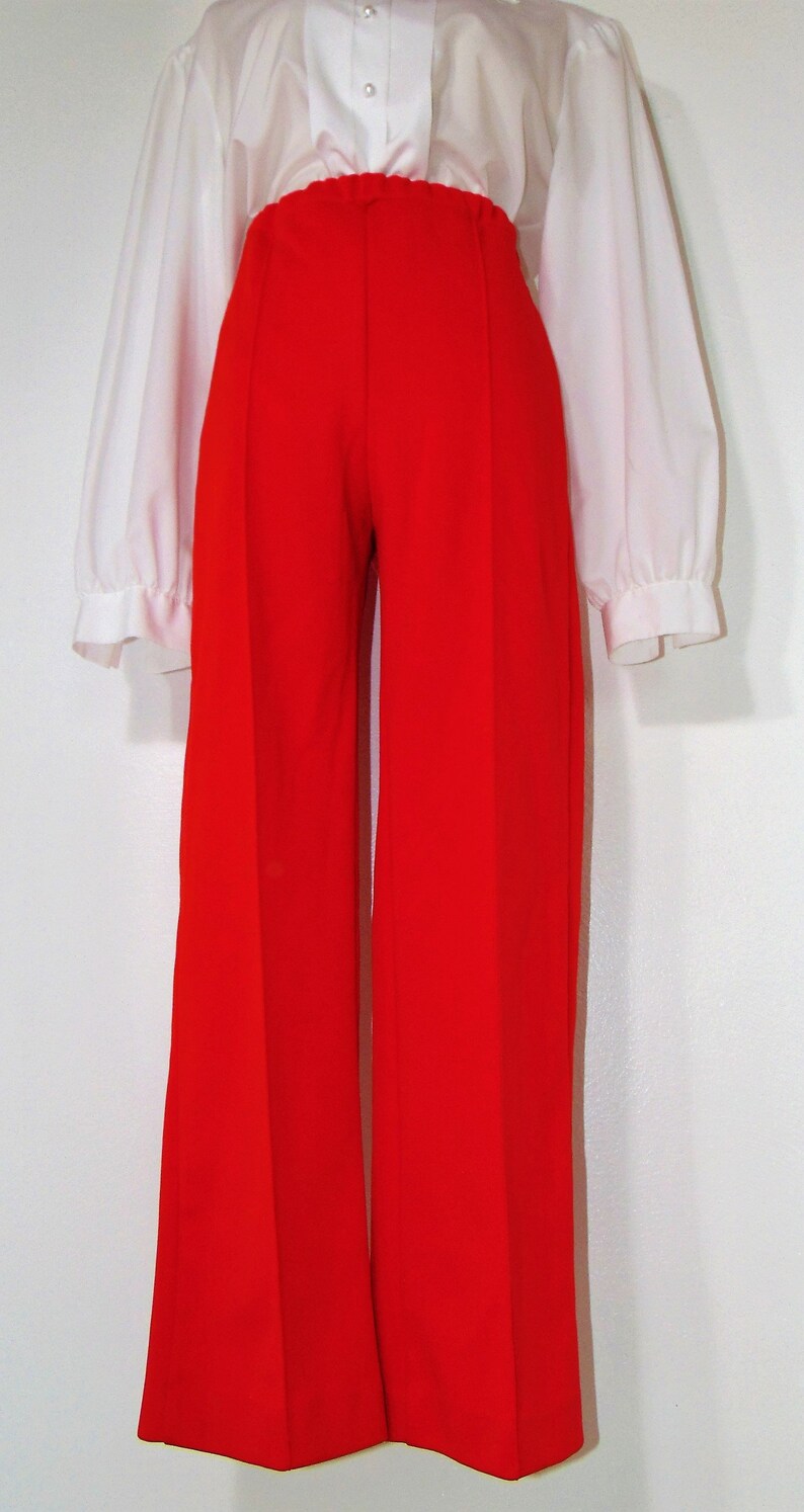Vintage red polyester pants high-waist leg seam flare elastic waist hipster mod