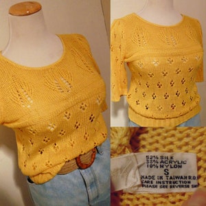 Vintage silk yellow sweater puffy sleeves pullover hipster mod boho large image 1