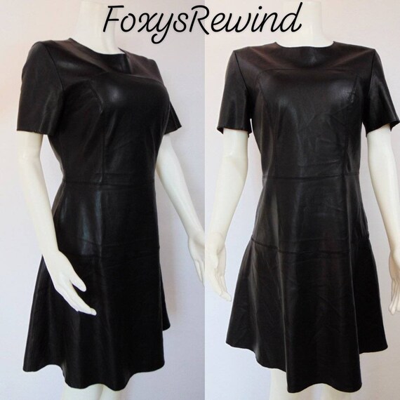 Y2K Vintage faux leather black dress short sleeve… - image 3